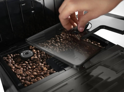 Real Deal Fully Automatic Espresso Machine With Single Touch Lattecrema Setup For Creamy Cappuccino Foam Black Coffee Maker showing coffee bean compartment.