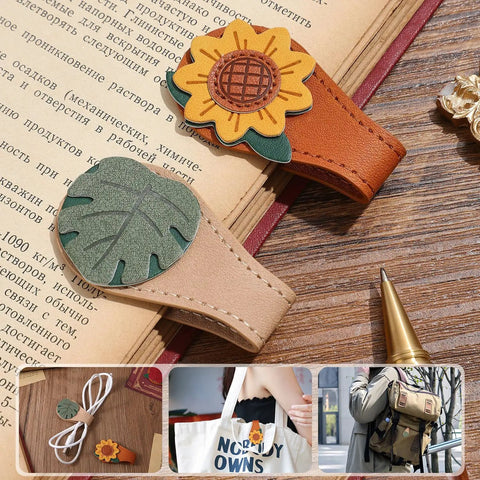 4 Piece Vintage Magnetic Leather Bookmarks With Retro PU Clip, showcasing sunflower and leaf designs on thick pages.