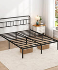 Built Tough Full Size Metal Bed Frame With Sleek Headboard And Scratch Proof Finish Black Platform displaying slatted design in a bedroom.