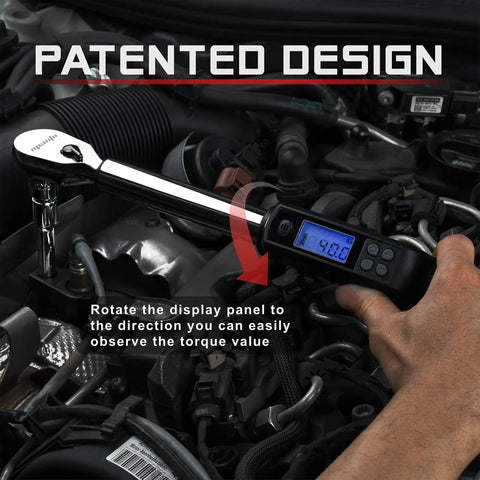 Half Inch Digital Torque Wrench With Rotating Display For Precise Fastening, 19.9 To 154.8 Lb Ft Range, Four Percent Accuracy, Beep Alerts When Target Reached, Easy Unit Conversions Between Lb Ft Nm Kg, Half Inch Drive, Made In Taiwan in engine bay