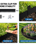 Product packaging showing No Dig Galvanized Steel Landscape Edging Kit, installation process and black powder-coated sections.