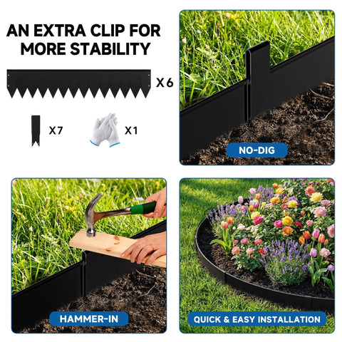 Product packaging showing No Dig Galvanized Steel Landscape Edging Kit, installation process and black powder-coated sections.