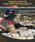 Hiking boot with rigid ankle brace on rocky terrain for daily stability and chronic instability, built for active aging adults.