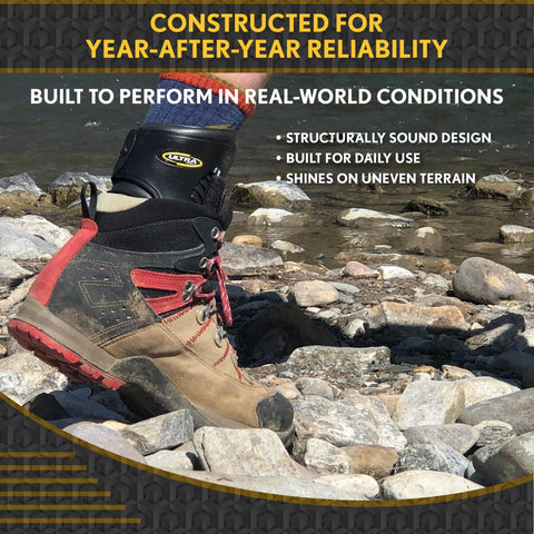 Hiking boot with rigid ankle brace on rocky terrain for daily stability and chronic instability, built for active aging adults.