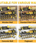 Four setups of Heavy Duty Tool Organizer Wall Mount Rack With 3-Tier Extra Tall Metal Shelf, 8 Drill Holders And Battery Storage