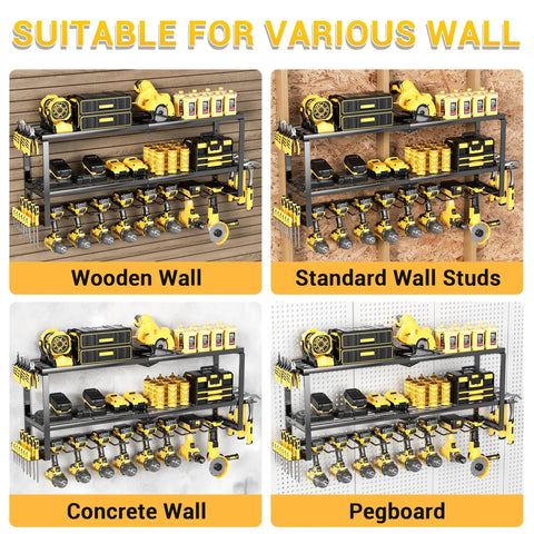 Four setups of Heavy Duty Tool Organizer Wall Mount Rack With 3-Tier Extra Tall Metal Shelf, 8 Drill Holders And Battery Storage