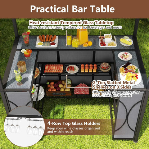 Outdoor Patio Bar Set With Grill Gazebo And Two Bar Stools, Three Piece Bar Table Set With Tempered Glass Bar Table