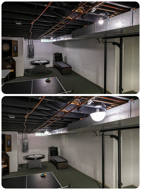 Ceiling Light Cover That Hides Exposed Bulbs In Seconds Clip-On Fit For Most Bulbs And Fixtures Sleek Modern 2 Pack shown in basement