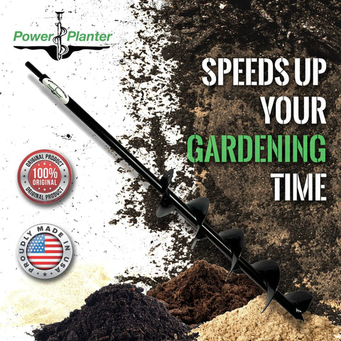 Extended Length Garden Auger Drill Bit 3 Inch Diameter By 24 Inch Length With Non Slip Hex Drive on textured soil background