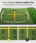 Cross-shaped stance guide line on dual turf golf mat with standing guide line and swing path for indoor or outdoor use