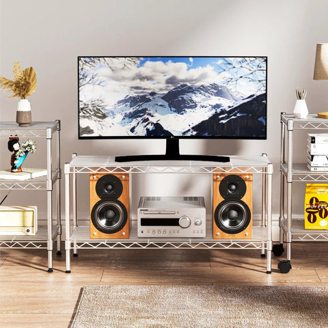 Two Tier Beefy Heavy Duty Wire Shelving Unit With Lockable Wheels 36 Inch Wide 18 Inch Deep 19.5 Inch High Height Adjustable Metal Storage Shelves Organizer