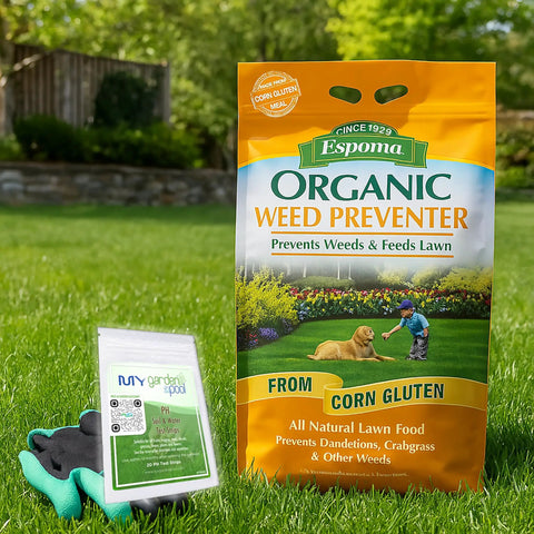 Corn Gluten Meal Weed Preventer For Lawns And Pathways With Slow Release Nitrogen For Thicker Greener Turf Includes Gardening Claw Gloves And Soil Test Strips Covers 1250 Sq Ft.