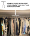 Hella Sturdy Closet Rod Center Supports, 3 Pack Chrome Oval Brackets, mounted in a closet preventing rod sagging.
