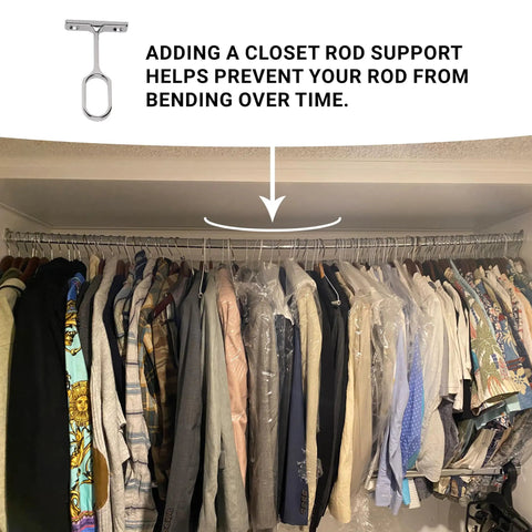 Hella Sturdy Closet Rod Center Supports, 3 Pack Chrome Oval Brackets, mounted in a closet preventing rod sagging.