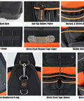 Collage of features on Open Top 24 Pocket Hard Base HVAC And Electrician Tool Bag, including rivets, MOLLE loops, and tape clip.