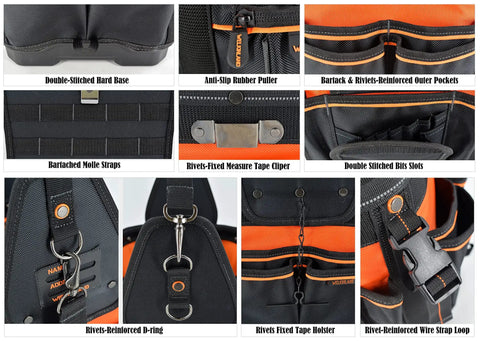 Collage of features on Open Top 24 Pocket Hard Base HVAC And Electrician Tool Bag, including rivets, MOLLE loops, and tape clip.