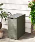 Weatherproof 17.3 Gallon Wicker Storage Box With Slatted Acacia Wood Flip Top For Indoor And Outdoor Use Cushions Pool Gear Garden Tools UV Resistant Gray on patio with plants.