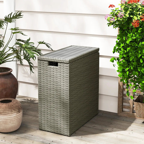 Weatherproof 17.3 Gallon Wicker Storage Box With Slatted Acacia Wood Flip Top For Indoor And Outdoor Use Cushions Pool Gear Garden Tools UV Resistant Gray on patio with plants.