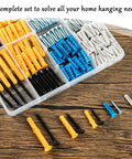 270 Piece Wall Anchors Kit For Drywall And Concrete Includes Five Essential Sizes With 27 Sets Each, organized in a box.