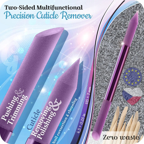 Glass Cuticle Pusher Manicure Stick with slanted side and pointed end for easy cuticle push shown against a decorative background.