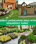 Collage showing Pro Weed Barrier Landscape Fabric Ground Cover Heavy Duty Pro Grade Weave installed in various gardens.