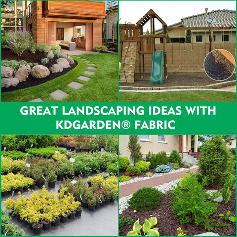 Collage showing Pro Weed Barrier Landscape Fabric Ground Cover Heavy Duty Pro Grade Weave installed in various gardens.