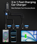 Diagram of 90W Fast USB C Car Charger With 3 Ports And 4ft Coiled Cable For iPhone And iPad, showing charging capacity.