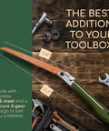 Foldable Camp Saw With 11.4 Inch SK5 Steel Blade, One-Hand Operation, Secure Lock, Ergonomic Handle on wooden background