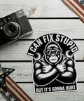 Funny Mechanic Gorilla Wrench Meme Decal Sticker Set I Can Fix Stupid But Its Gonna Hurt with stars and vintage camera on wood