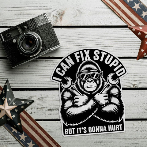 Funny Mechanic Gorilla Wrench Meme Decal Sticker Set I Can Fix Stupid But Its Gonna Hurt with stars and vintage camera on wood