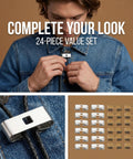 24 Piece Bolo Tie Clasp Kit With Rectangle Slide Clips For Jewelry Making Cord Slider Clasps And Accessories For DIY Western Bolo Tie Craft In Bronze And Platinum Finishes, showing kit and clasp installation.