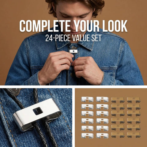 24 Piece Bolo Tie Clasp Kit With Rectangle Slide Clips For Jewelry Making Cord Slider Clasps And Accessories For DIY Western Bolo Tie Craft In Bronze And Platinum Finishes, showing kit and clasp installation.