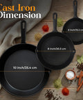 Premium Cast Iron Skillet Set 6, 8, 10 Inch Preseasoned Frying Pans PFAS-Free shown with size dimensions on wood background.