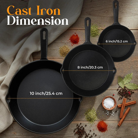 Premium Cast Iron Skillet Set 6, 8, 10 Inch Preseasoned Frying Pans PFAS-Free shown with size dimensions on wood background.