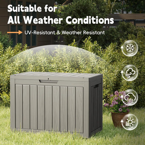 50 Gallon Outdoor Storage Box Weatherproof Resin Deck Box With Reinforced Lid in garden setting, UV Resistant Gray.