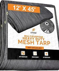 Heavy Duty Mesh Tarp 12 Foot By 45 Foot Multipurpose Black Protective Cover with packaging showcasing features