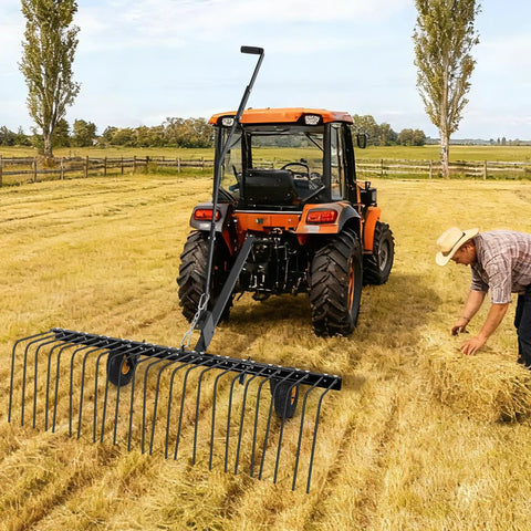 60 Inch Tow Behind Landscape Rake Heavy Duty Steel Dethatcher Pine Straw Rake for ATV UTV and Garden Tractors on field
