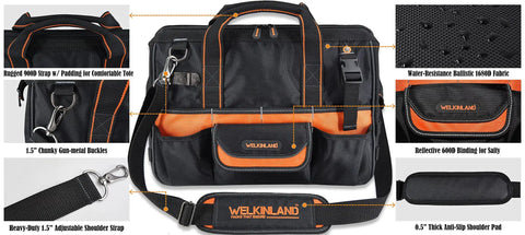 16 Inch Heavy Duty Tool Bag With 34 Pockets Open Top Organizer For HVAC And Electricians Pro Grade Ballistic Nylon 1680D