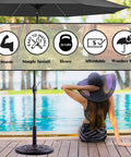 Heavy Duty 21 Pound Bronze Umbrella Base With 17 Inch Diameter For Patio Deck Porch Poolside And Backyard Stability, Weighted Outdoor Umbrella Stand That Keeps Your Outdoor Umbrella Upright In Windy Weather, shown by poolside.