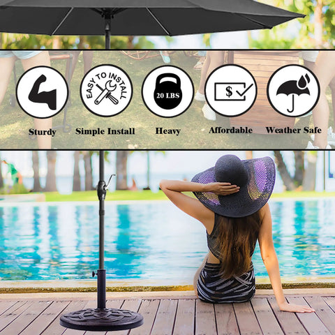 Heavy Duty 21 Pound Bronze Umbrella Base With 17 Inch Diameter For Patio Deck Porch Poolside And Backyard Stability, Weighted Outdoor Umbrella Stand That Keeps Your Outdoor Umbrella Upright In Windy Weather, shown by poolside.