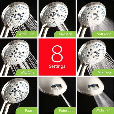 High Pressure Handheld And Rain Shower Head Combo With Anti Clog Jets showcasing 8 setting spray options.