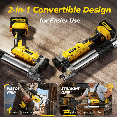 2-In-1 Electric Grease Gun Kit With 12000 PSI Cordless Power, dual-mode tool showing pistol and straight grip configurations