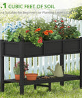 Raised Garden Bed With Tools 45 By 18 By 29 Inches Poly Elevated Planter Box With Legs And Storage Shelf Weather Resistant showing plants and tools.
