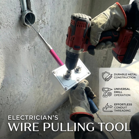 Heavy Duty Drill Powered Wire Puller Attachment Automatic Electrician Fish Tape Tool Smooth Operator; user operating drill attachment.