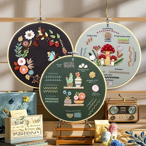 Beginner Friendly Embroidery Kit With 4 Pre Printed 12x12 Cloths displayed with stitching patterns and colorful hoops