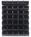 Wall Mount Louvered Panels Hook And Bin System Premium Garage Organization Kit with multiple black plastic bins.