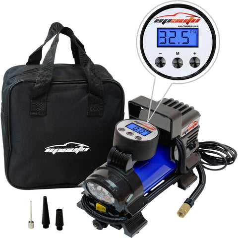 12V Portable Air Compressor Pump With Digital Tire Inflator, Cigarette Lighter Power, display showing 32.5 PSI, carrying case
