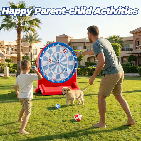 Father and son playing with Inflatable Dart Board Pool Toy for Kids and Adults, Water Target Game Float Safe PVC in yard