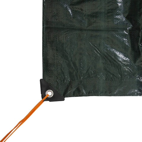 Corner view of Medium Duty Ripstop Camping Tarp 6 By 8 Feet Waterproof Cover Dark Green 5 Mil Thick with reinforced grommets.