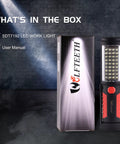 Magnetic Mechanic Flashlight With Hook Foldable Underhood Light for Car Emergency Kit and Camping next to packaging box.